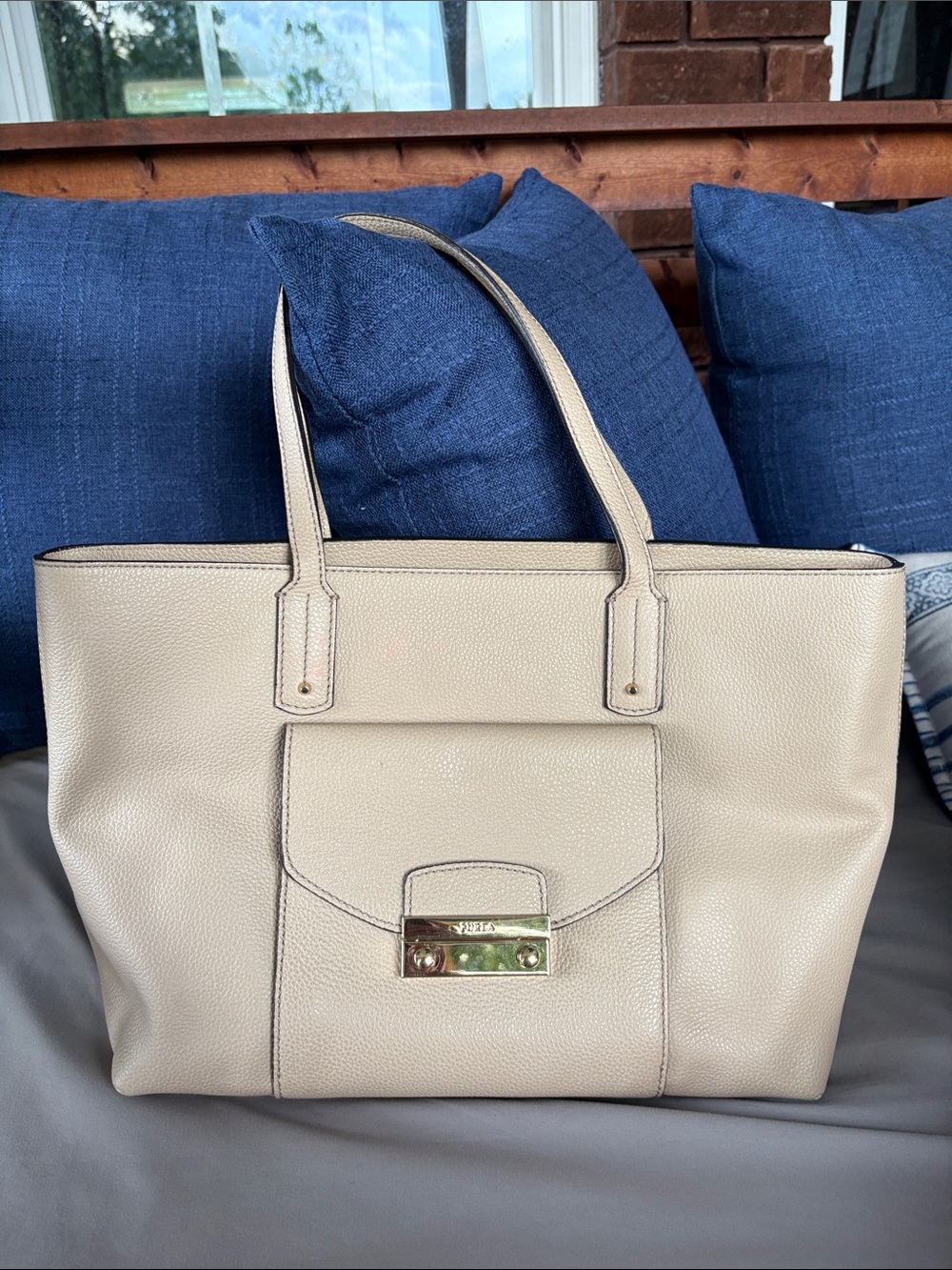 Furla Julia Pebbled Calfskin Leather Tote in Acero (Light Taupe) BEAUTIFUL
